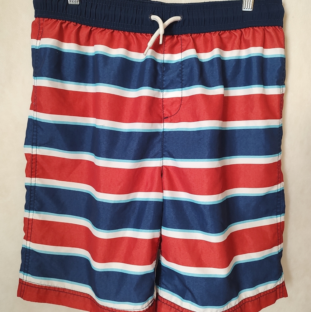 Land's End Swim Trunks Small 32 Navy Red White Stripes 1 Back Pocket